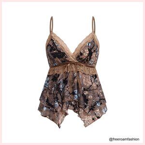 Babydoll Tank Top Floral Lace Mesh V-Neck Spaghetti Strap Y2K Style